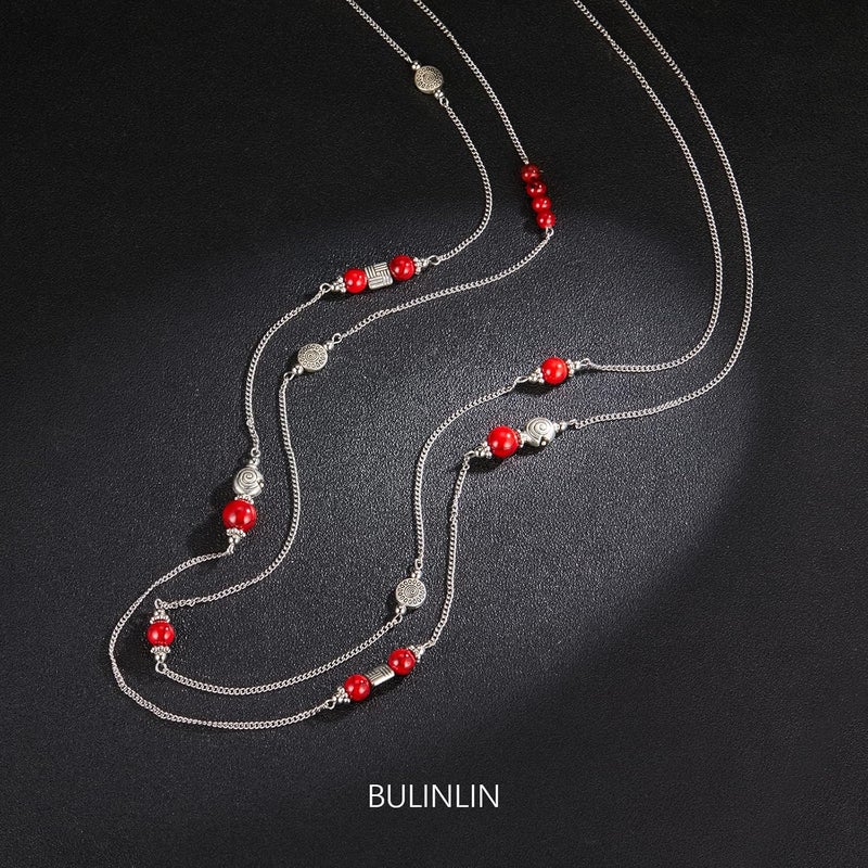 BULINLIN Layered Silver Long Necklace for Women Turquoise Stone Beaded Strand Sweater Chain Necklaces Fashion Costume Jewelry Gifts for Mom - Image 1